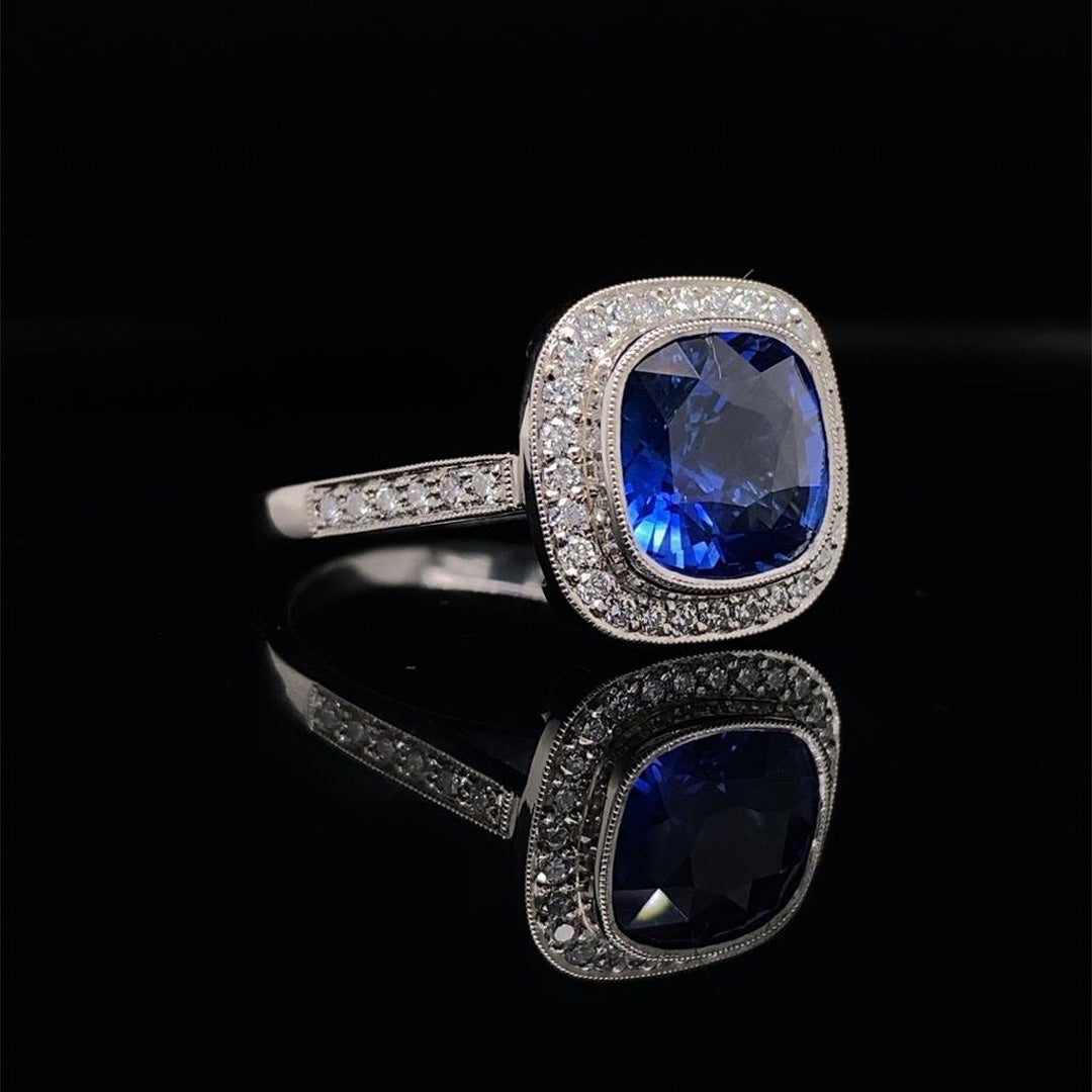 3.28ct Cushion Sapphire and Diamond Cluster Ring