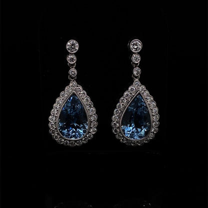 3.48ct Pear Cut Aquamarine and Diamond Cluster Drop Earrings