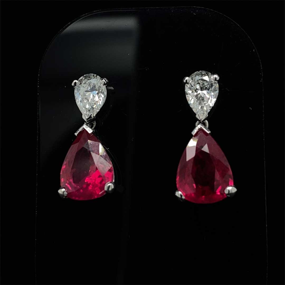 3.76ct Pear On Pear Ruby and Diamond Drop Earrings