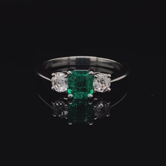 0.43ct Square Cut Emerald and Old Cut Diamond Three Stone Ring