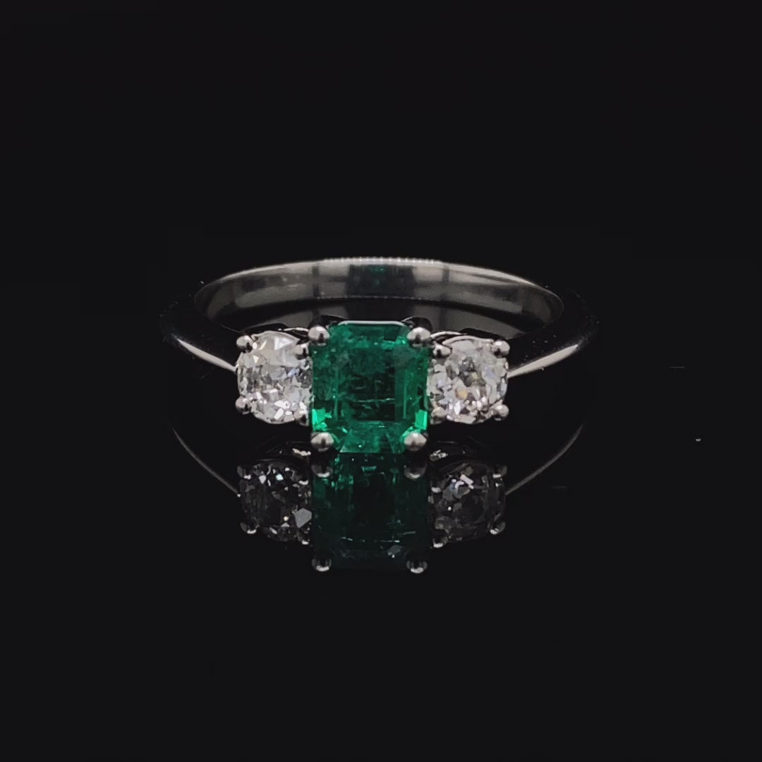 0.43ct Square Cut Emerald and Old Cut Diamond Three Stone Ring