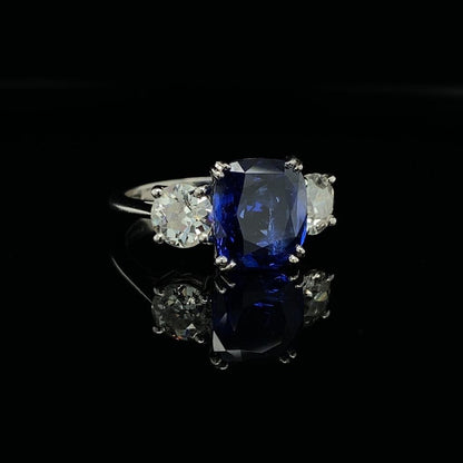4.12ct Cushion Cut Sapphire and Round Diamond Three Stone Ring