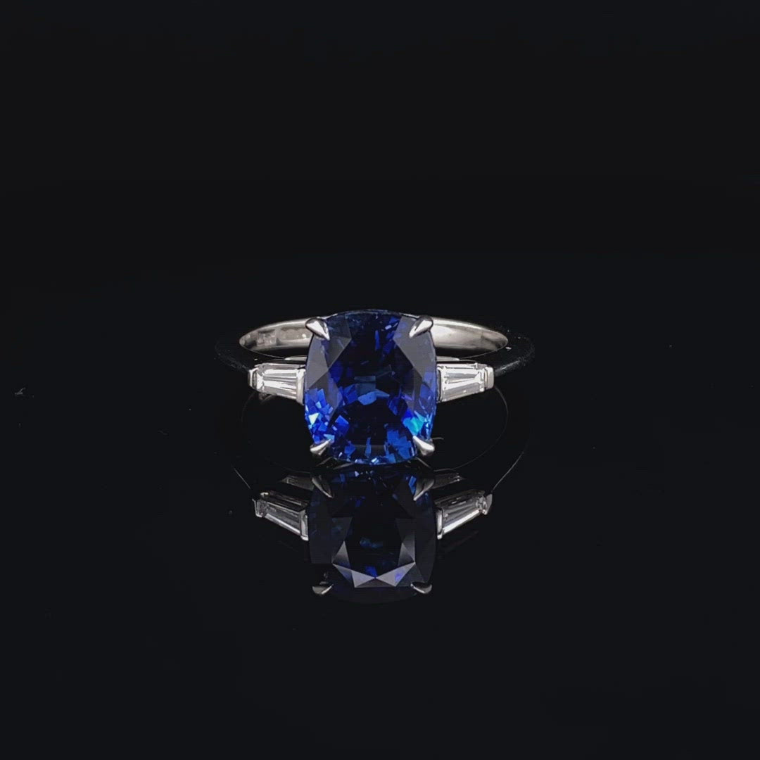 4.00ct Cushion Cut Sapphire And Diamond Three Stone Ring