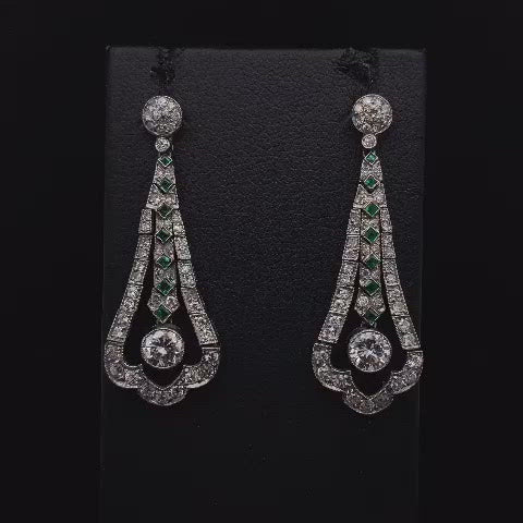 Emerald and Diamond Art Deco Fancy Drop Earrings