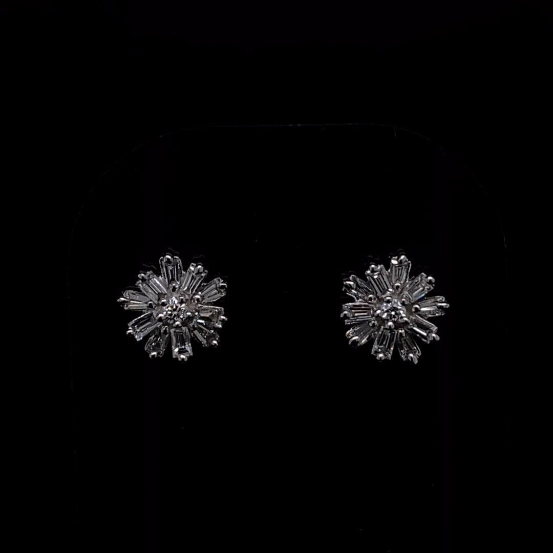 18ct White Gold 0.37ct Baguette Cut Diamond Flower Earrings