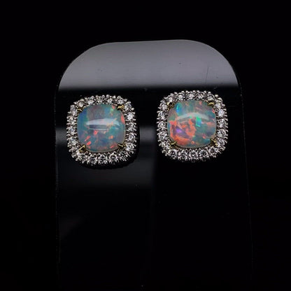 1.60ct Cushion Cut Opal and Diamond Cluster Earrings