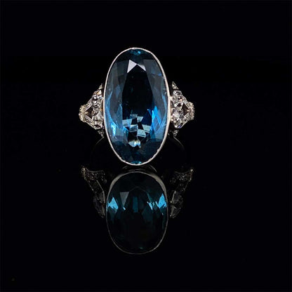 6.00ct Oval Cut Aquamarine Vintage Art Deco Dress Ring With Diamond Shoulders