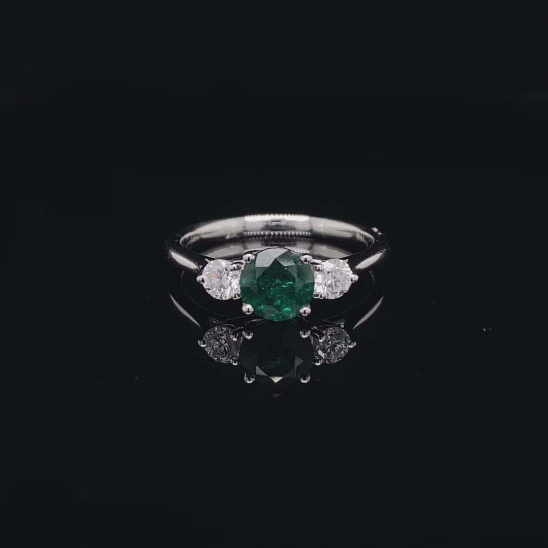 0.87ct Round Emerald And Diamond Three Stone Ring