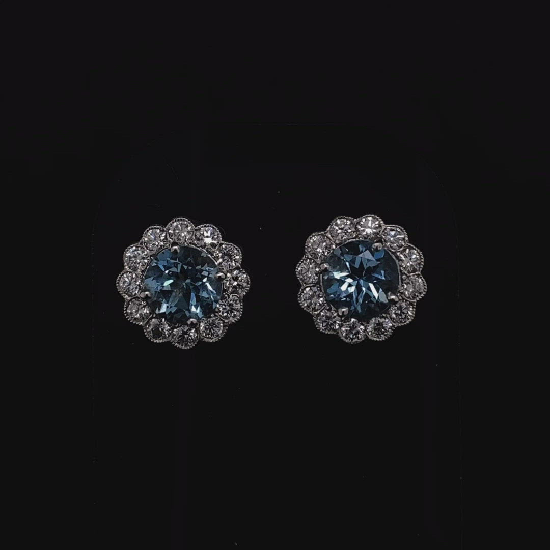 1.59ct Round Aquamarine and Diamond Cluster Earrings