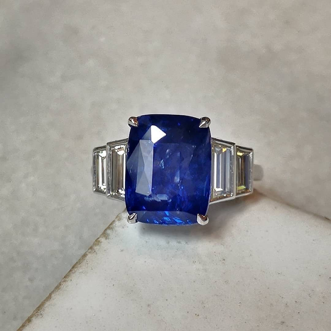 7.09ct Cushion Cut Sapphire and Trapezoid Diamond Five Stone Ring