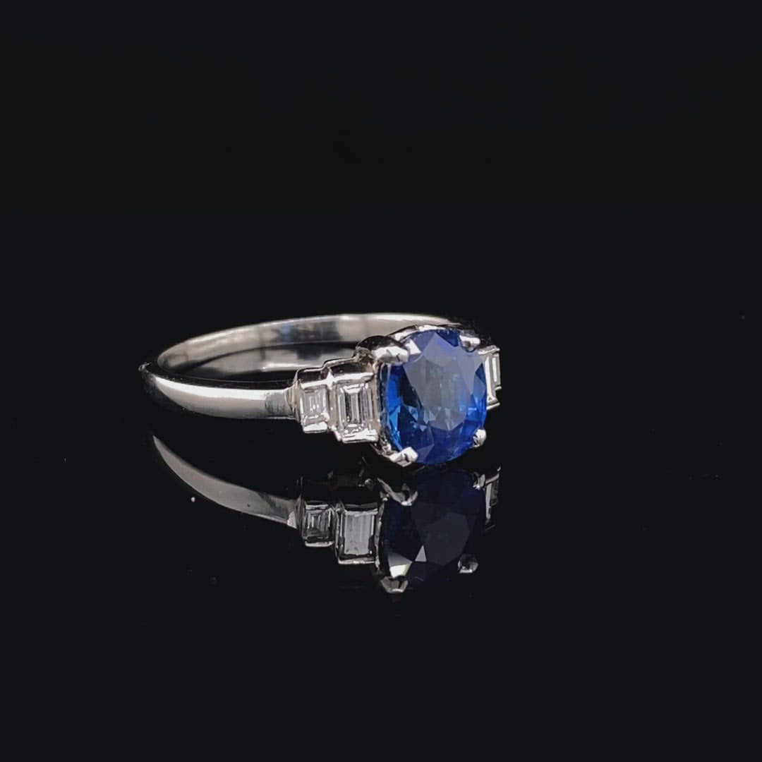 1.74ct Cushion Cut Sapphire And Diamond Art Deco Style Ring