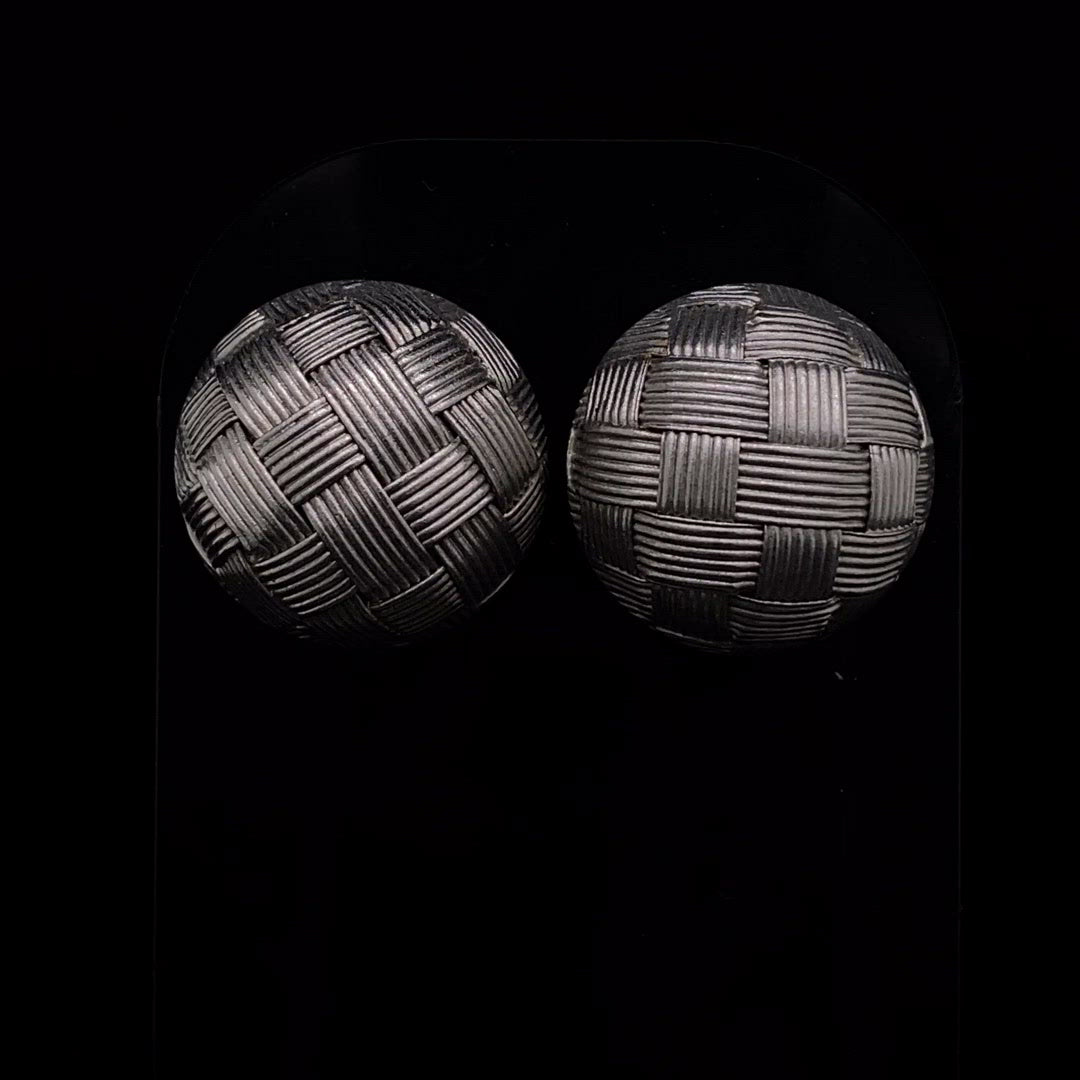 18ct White Gold Basket Weave Domed Button Earrings