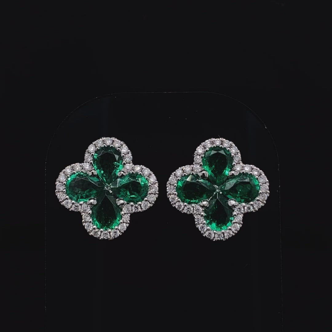 Pear Cut Emerald And Diamond Quatrefoil Cluster Earrings