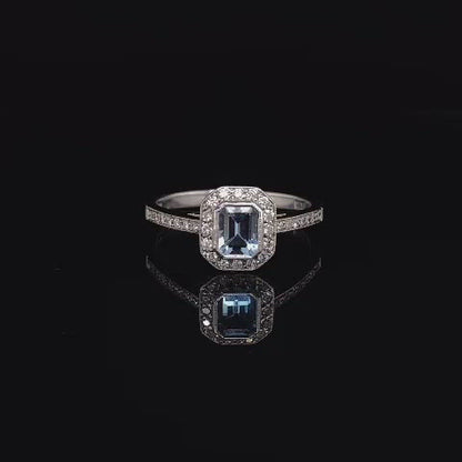 0.39ct Emerald Cut Aquamarine and Diamond Art Deco Style Ring