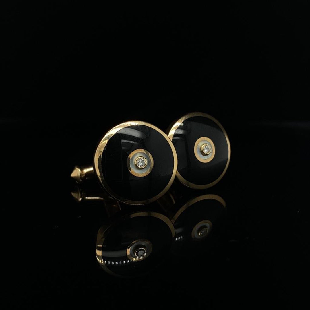 9ct Yellow Gold Onyx, Mother of Pearl and Diamond Cufflinks