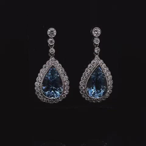 3.48ct Pear Cut Aquamarine and Diamond Cluster Drop Earrings