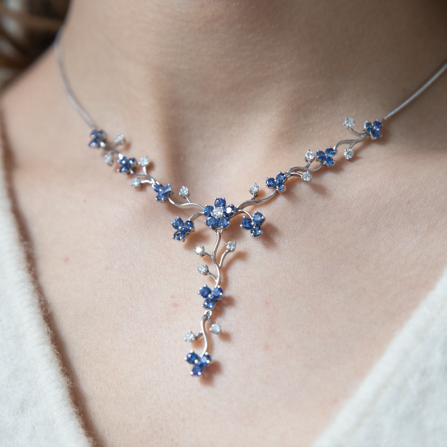 Sapphire And Diamond Fancy Floral Necklace