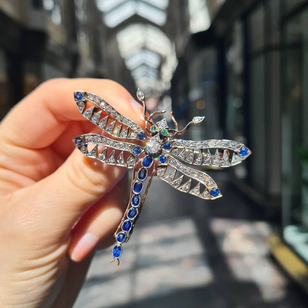 An Antique Sapphire, Diamond and Emerald Set Dragonfly Brooch