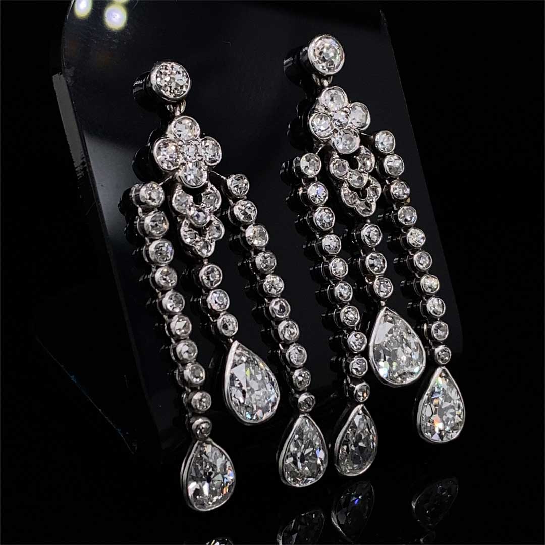 Antique Edwardian Platinum Fancy Diamond Drop Earrings