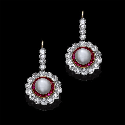 Antique Pearl, Ruby and Diamond Cluster Drop Earrings