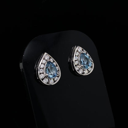 Aquamarine and Diamond Pear Cut Cluster Stud Earrings