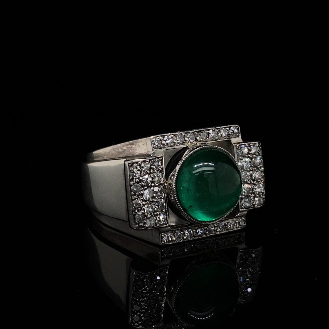 Cabochon Emerald and Pave Diamond Ring