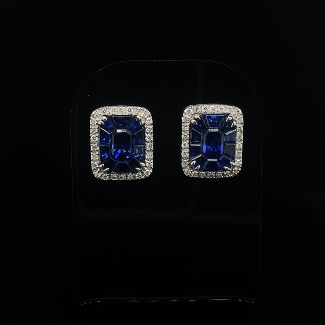 Calibre Sapphire and Round Diamond Cluster Earrings