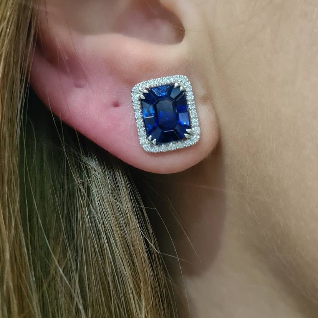Calibre Sapphire and Round Diamond Cluster Earrings