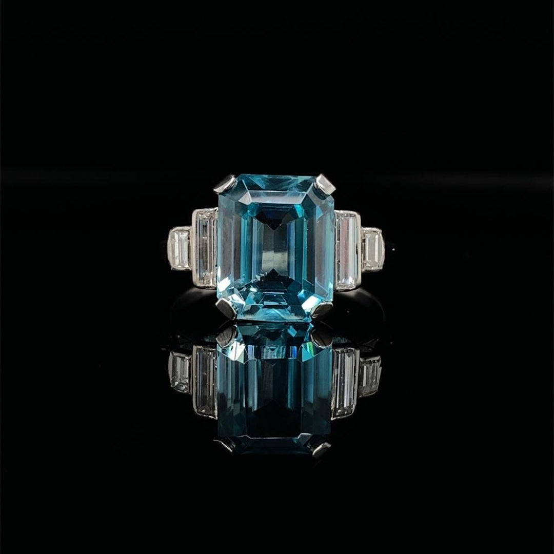 Emerald Cut Blue Zircon and Diamond Five Stone Ring