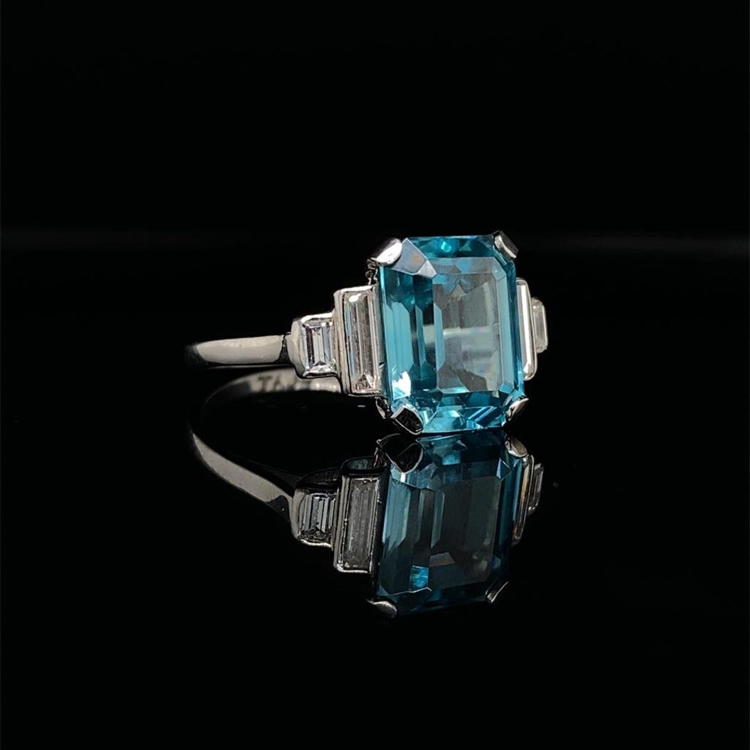 Emerald Cut Blue Zircon and Diamond Five Stone Ring