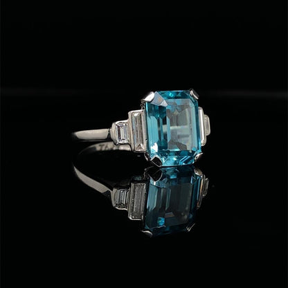 Emerald Cut Blue Zircon and Diamond Five Stone Ring