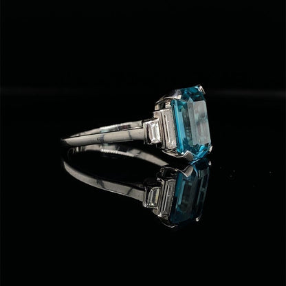 Emerald Cut Blue Zircon and Diamond Five Stone Ring