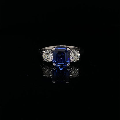 Emerald Cut Sapphire and Diamond Three Stone Ring