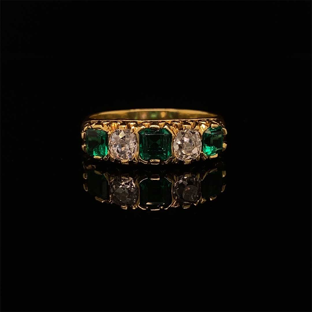Emerald and Diamond 5 Stone Vintage Carved Half Hoop Ring