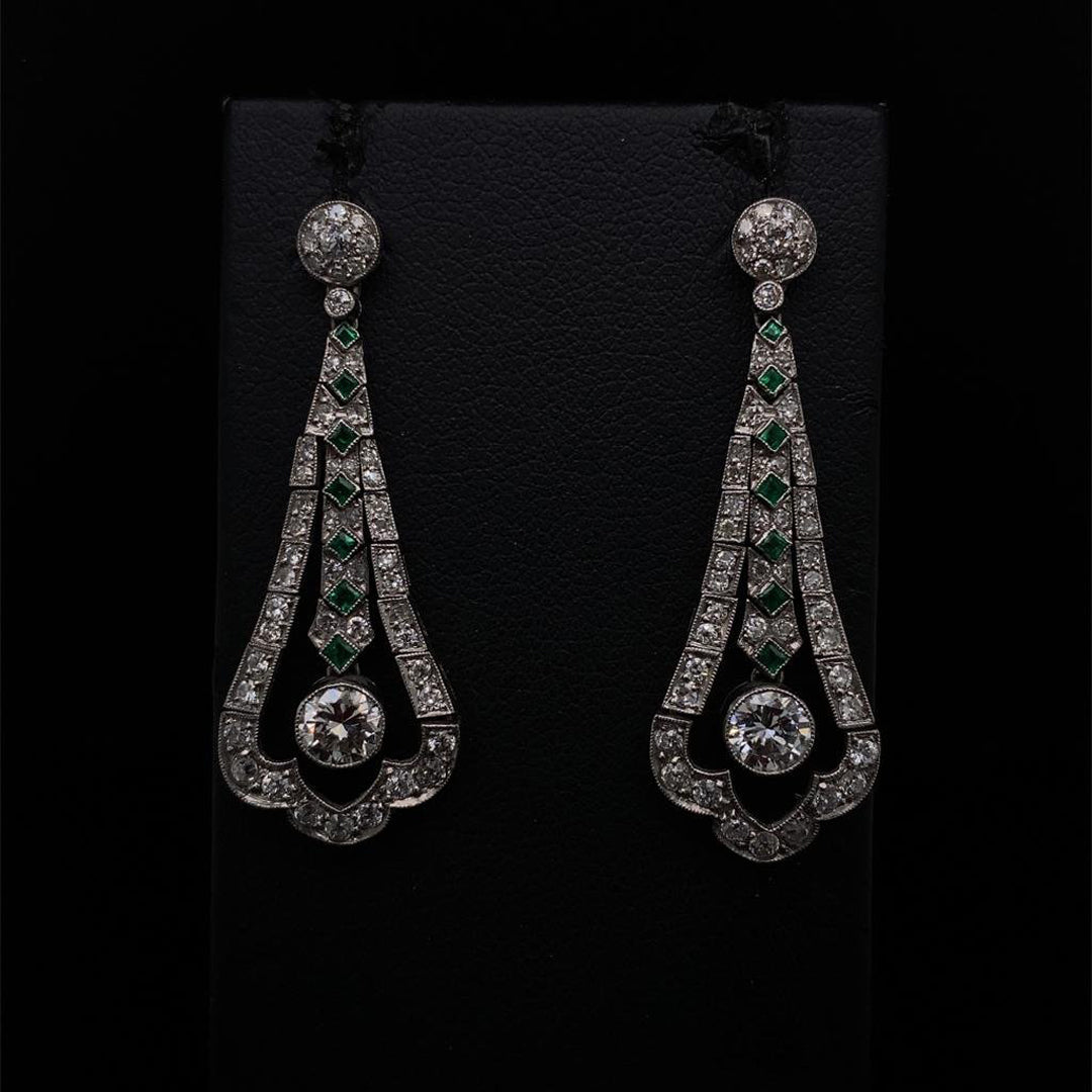 Emerald and Diamond Art Deco Fancy Drop Earrings