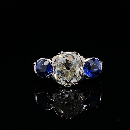 Old Cut Cushion Diamond 2.91ct and Sapphire Three Stone Ring