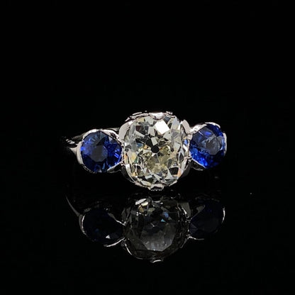 Old Cut Cushion Diamond 2.91ct and Sapphire Three Stone Ring