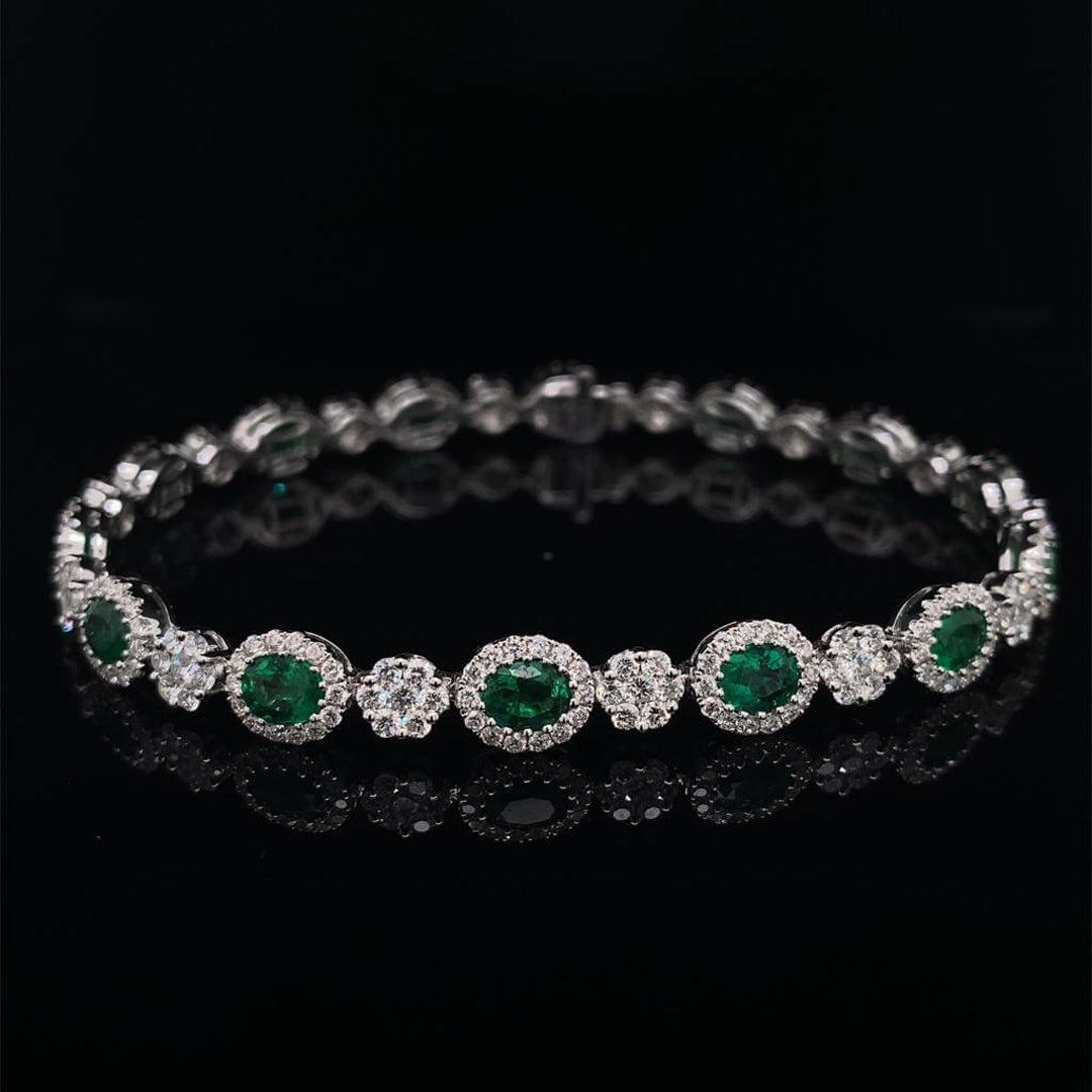 Oval Cut Emerald and Round Diamond Cluster Bracelet