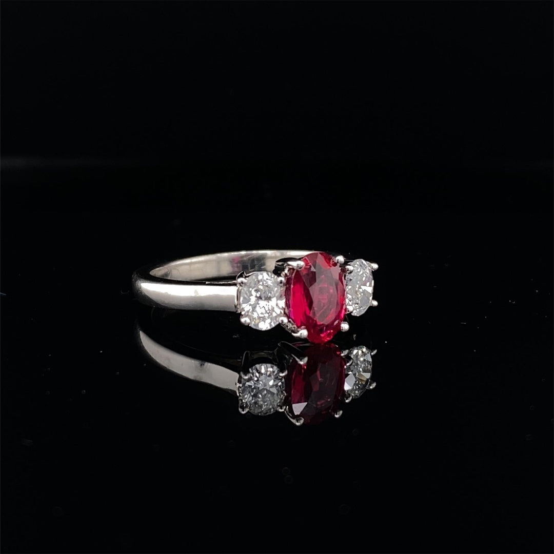 Oval Cut Ruby and Diamond Three Stone Ring