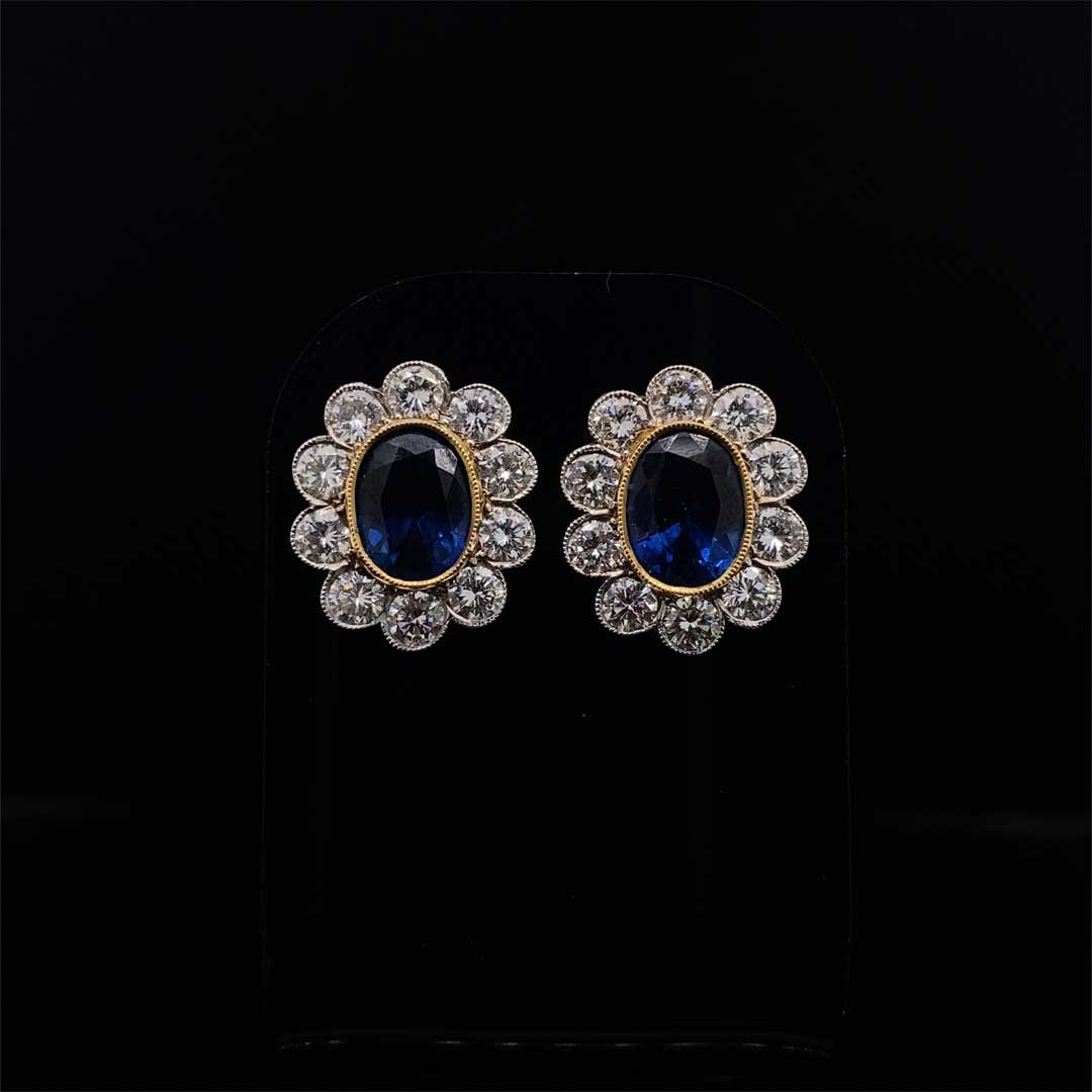 Oval Sapphire and Diamond Cluster Earrings