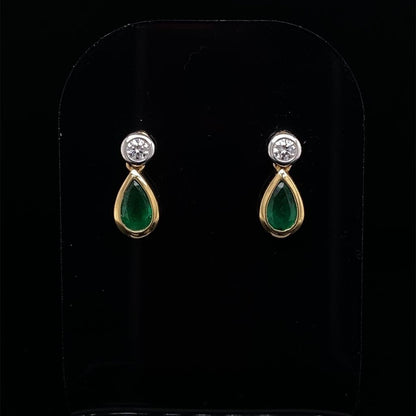 Pear Cut Emerald and Round Diamond Drop Earrings