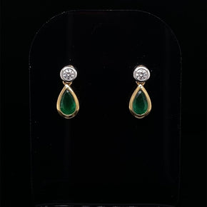 Pear Cut Emerald and Round Diamond Drop Earrings