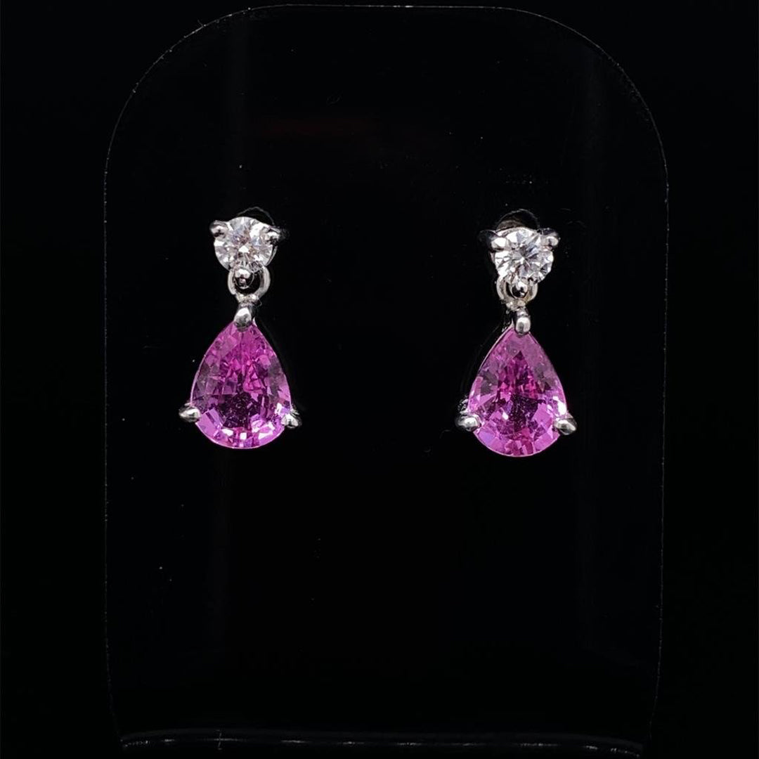 Pear Cut Pink Sapphire and Round Diamond Drop Earrings