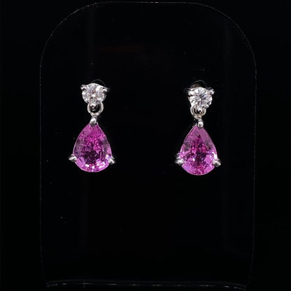 Pear Cut Pink Sapphire and Round Diamond Drop Earrings