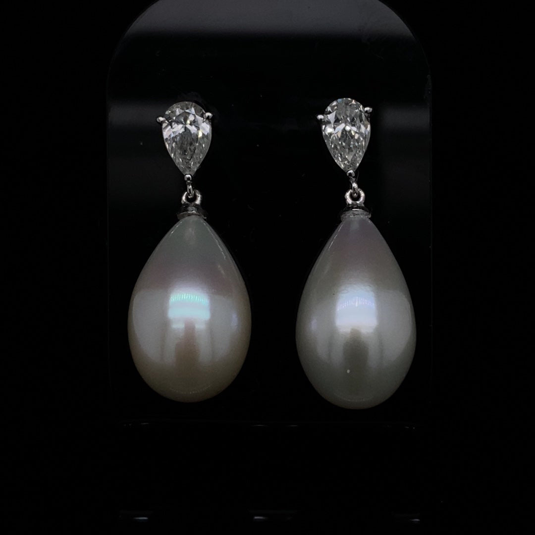 Pear Pearl and 0.81ct Pear Cut Diamond Drop Earrings