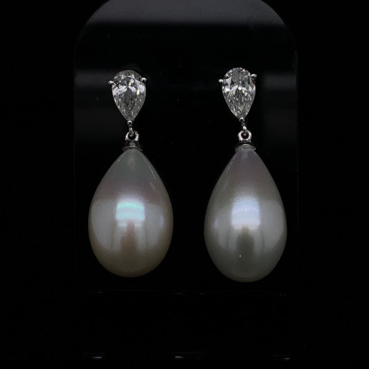 Pear Pearl and 0.81ct Pear Cut Diamond Drop Earrings