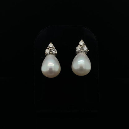 Pear Pearl and Trefoil of Diamonds Earrings