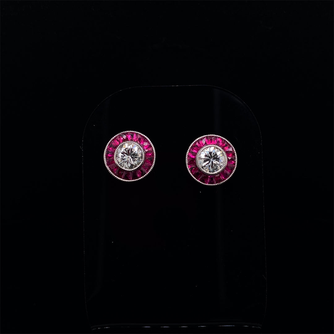 Platinum 0.60ct Old Cut Round Diamond and Calibre Ruby Target Cluster Earrings