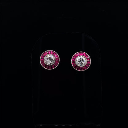 Platinum 0.60ct Old Cut Round Diamond and Calibre Ruby Target Cluster Earrings