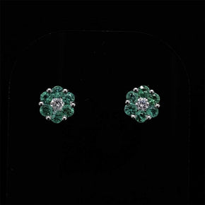 Round Emerald And Diamond Flower Cluster Earrings